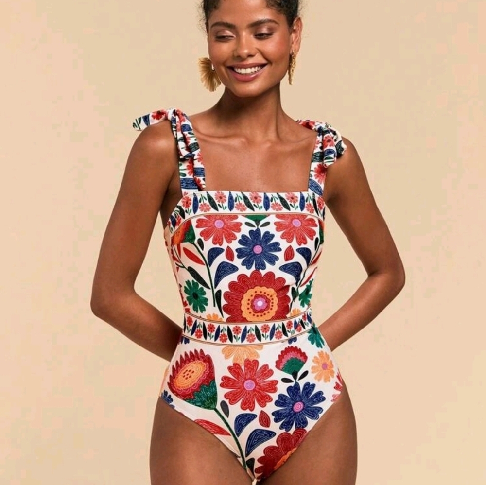 New SHEIN Swimsuit Women XL Boho Floral Bow Tie Strap Swimsuit